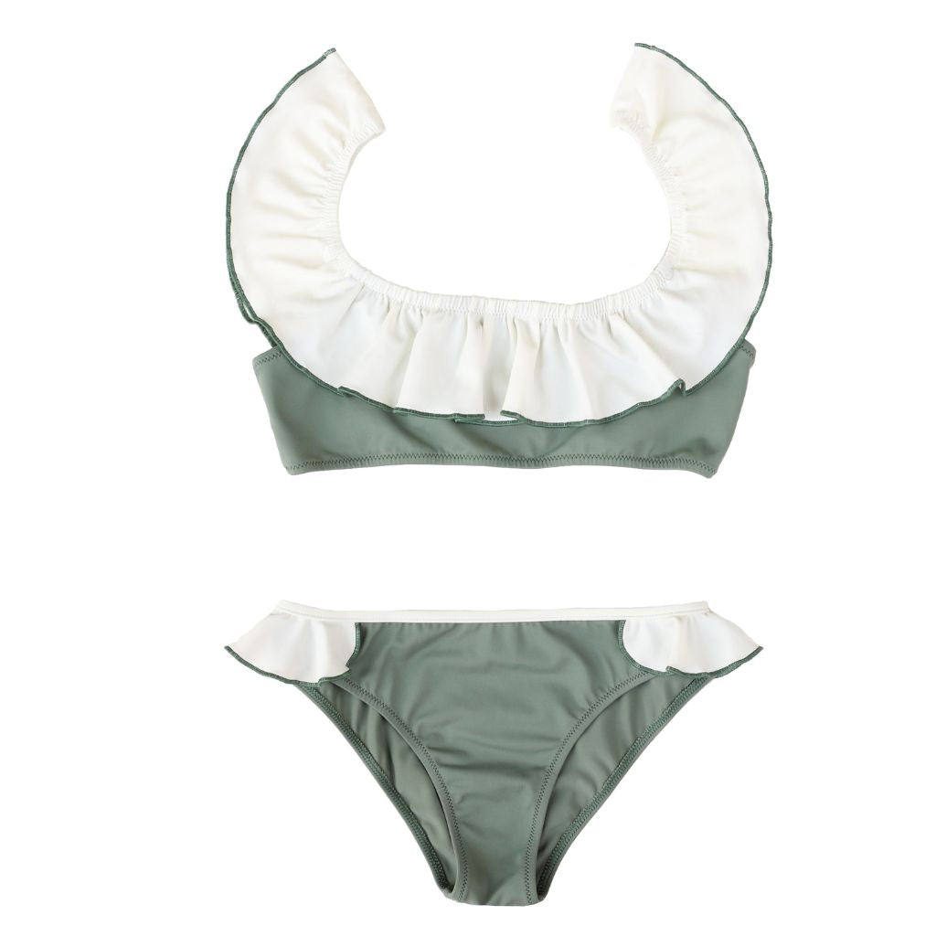 Product shot of the front of the Folpetto Elisa bikini in sage green and ivory