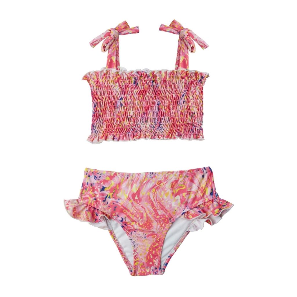 Product shot of the front of the Marie Raxevsky high waisted bikini in splash print