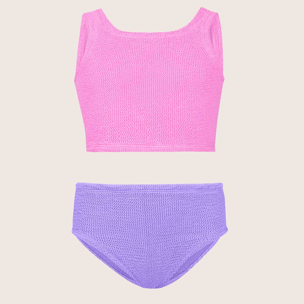 Product shot of the front of the Hunza G Kids Duo Lyra Bikini in Bubblegum and Lilac