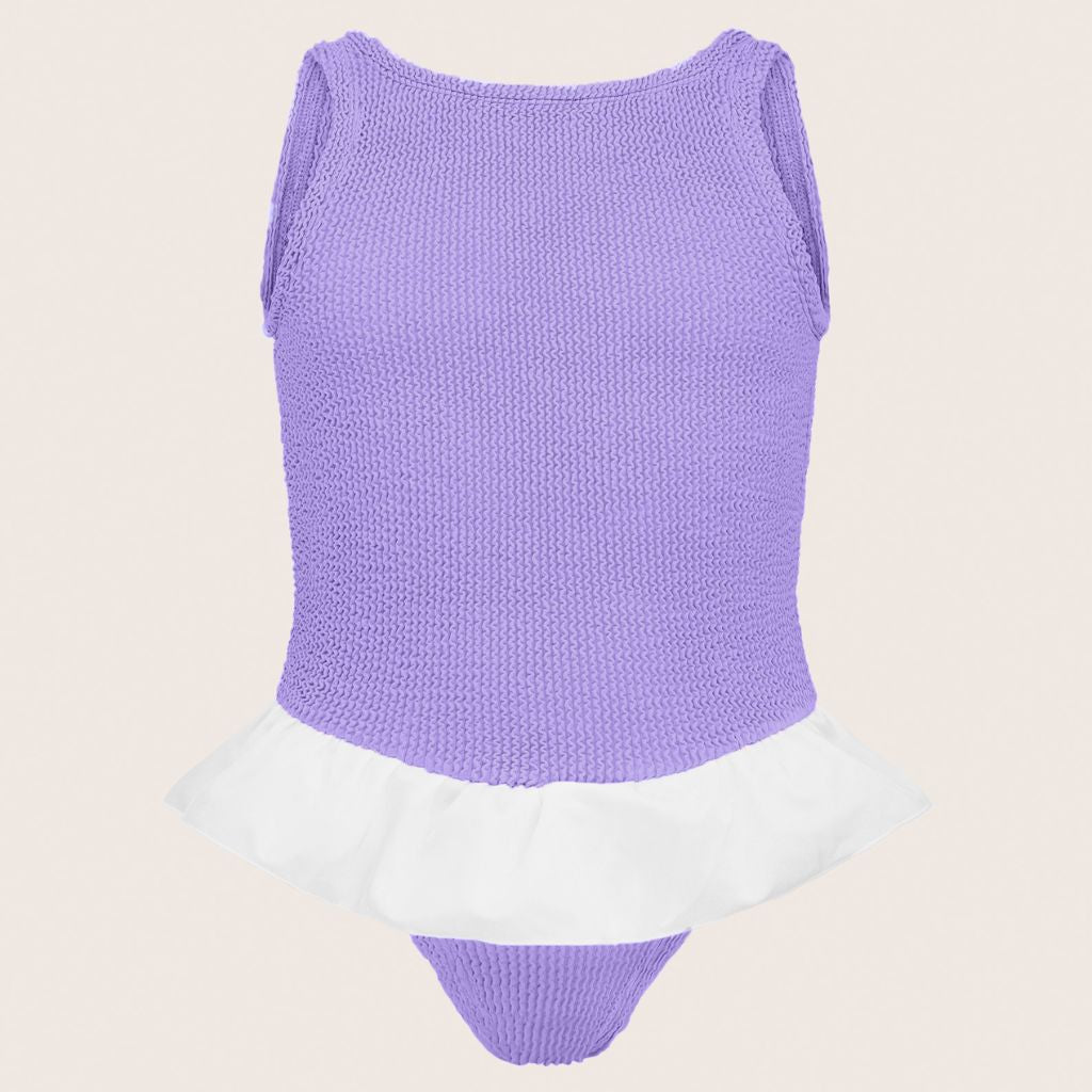Product shot of the Hunza G Baby Denise swimsuit in lilac featuring the original crinkle