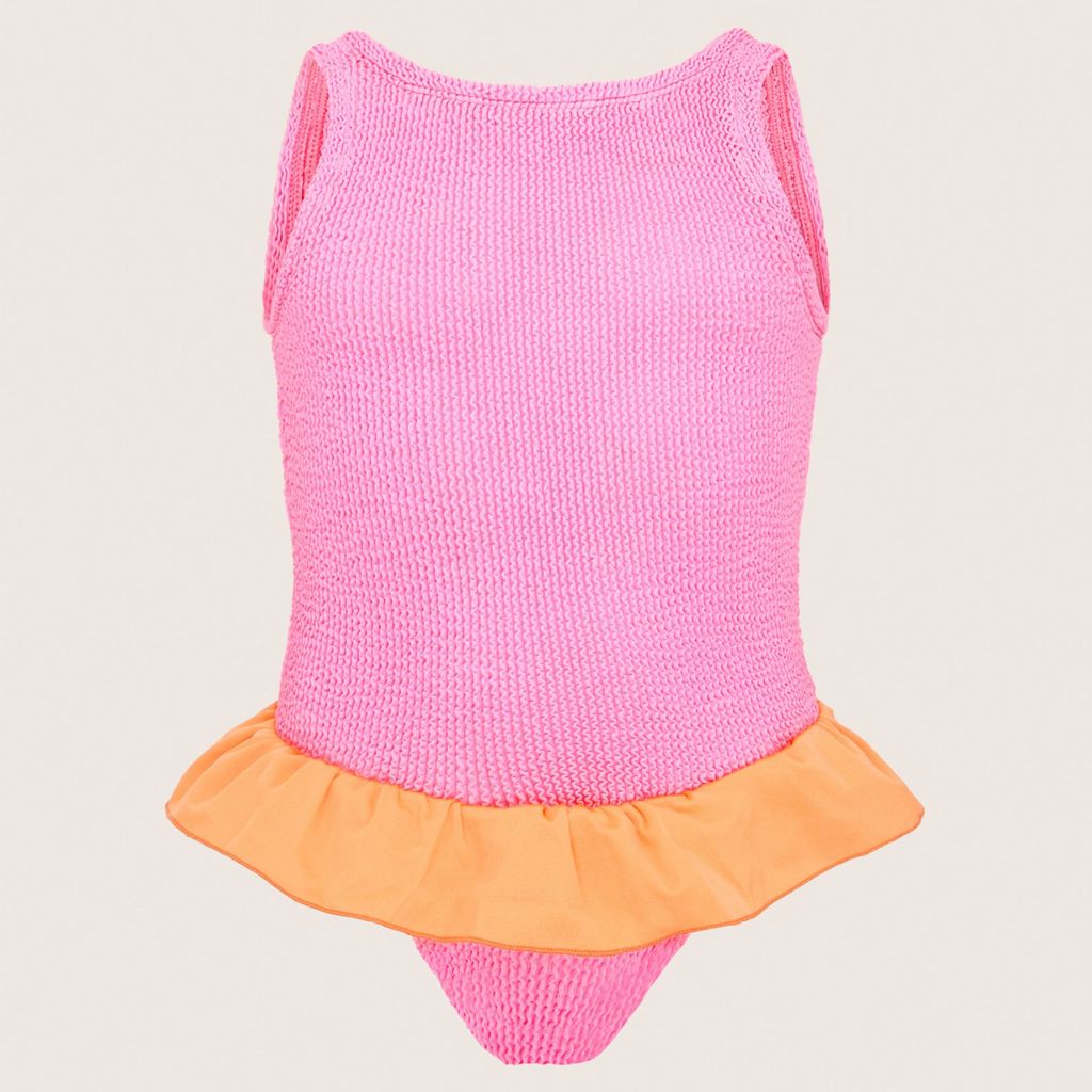 Product shot of the Hunza G Baby Duo Denise swimsuit in bubblegum and orange featuring the original crinkle