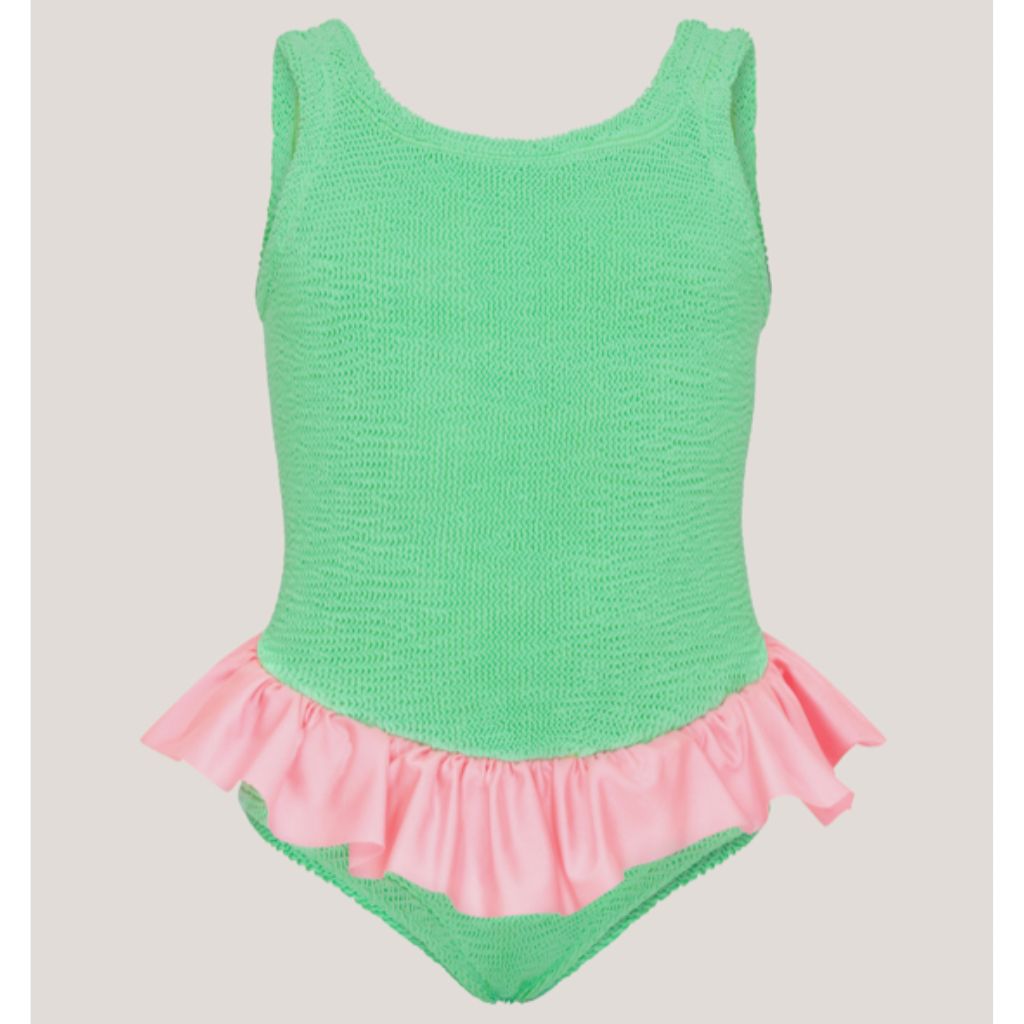 Product shot of the Hunza G Baby Duo Denise swimsuit in lime and bubblegum featuring the original crinkle