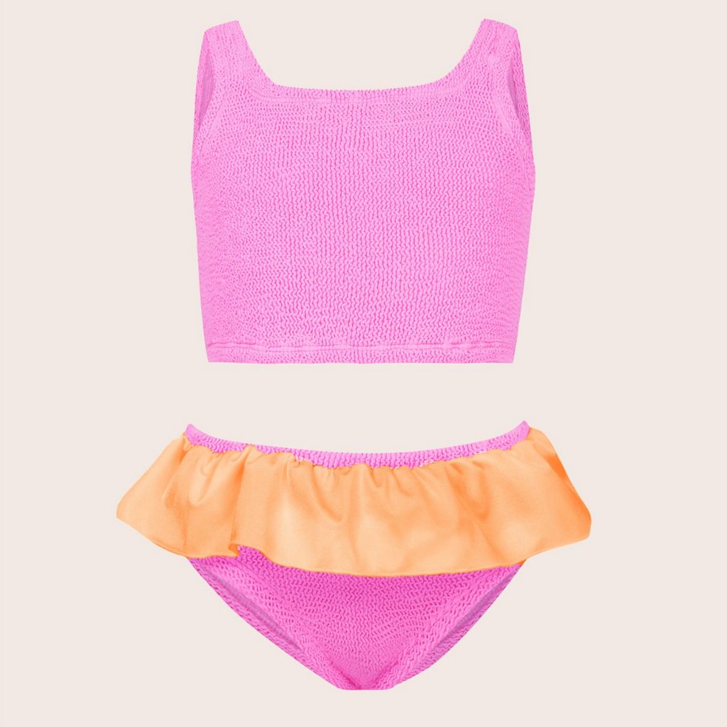 Product shot of the Hunza G Baby Duo Olive Bikini in Bubblegum and Orange