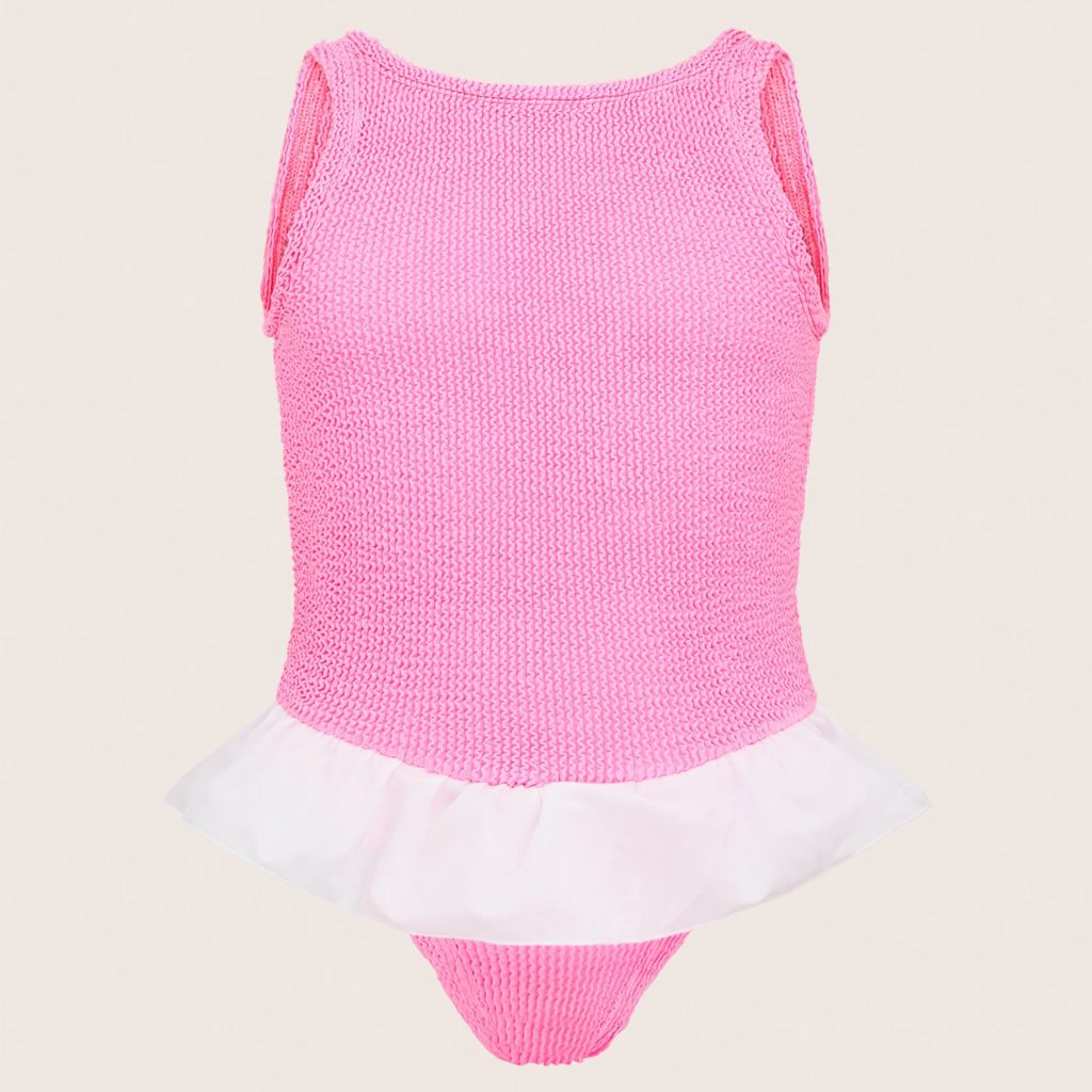 Product shot of the Hunza G Kids Denise Swimsuit in Bubblegum 