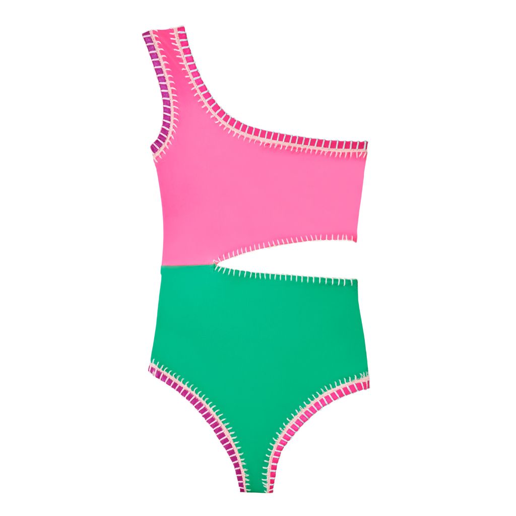 Product shot of the front of the PQ Swim Girls Ireland Rainbow Embroidered Cut Out One Piece Swimsuit