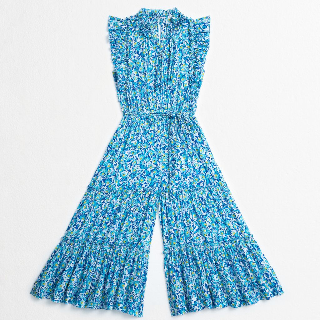 Product shot of the front of the Poupette St Barth long Belene jumpsuit in blue Ocean Flowers print