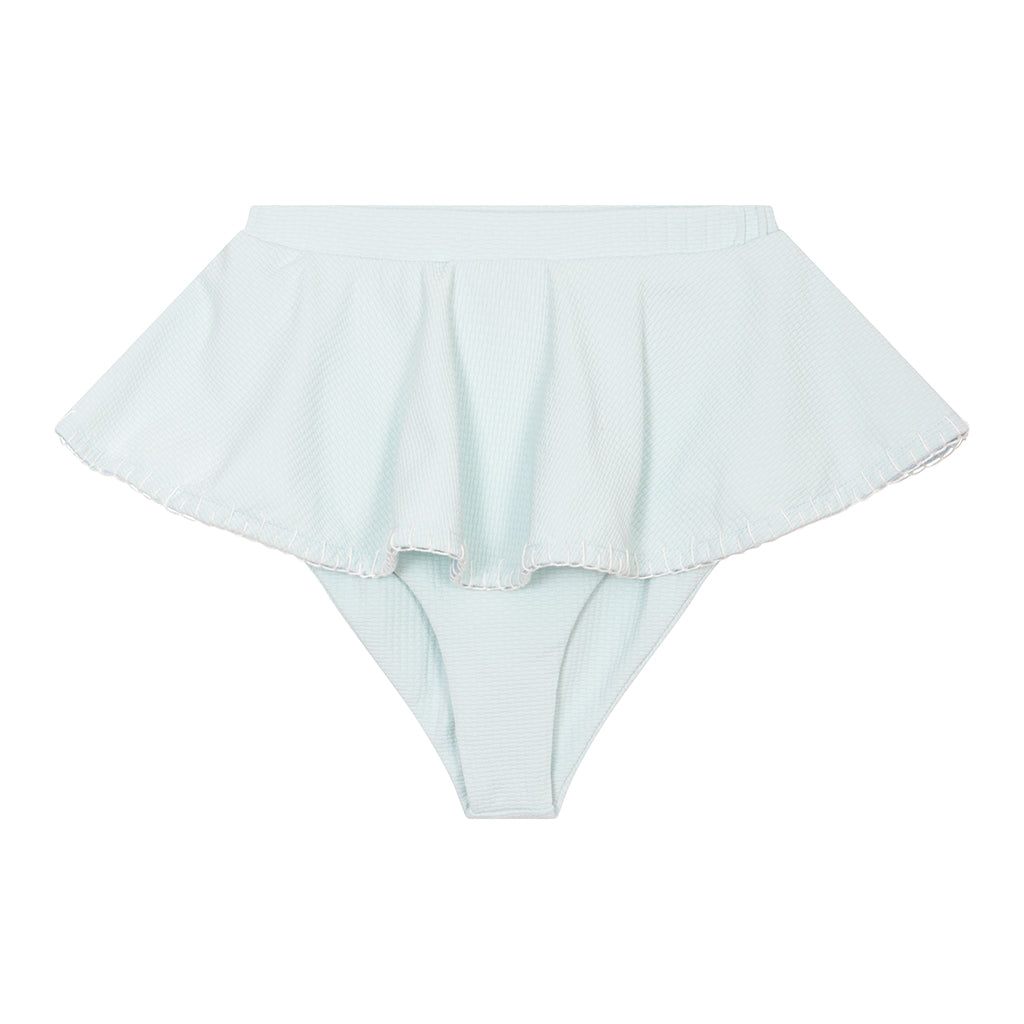 Product shot of the front of the Marysia Bumby Trulli Bikini Bottoms in Morning with coconut embroidery