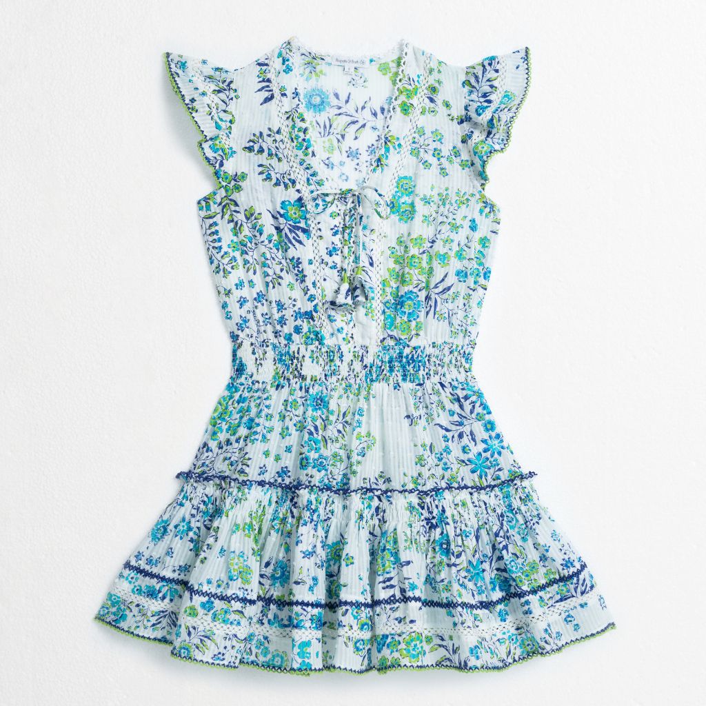 Product shot of the front of the Poupette St Barth Kids Anais Mini Dress in cotton in Blue Queen Liberty print