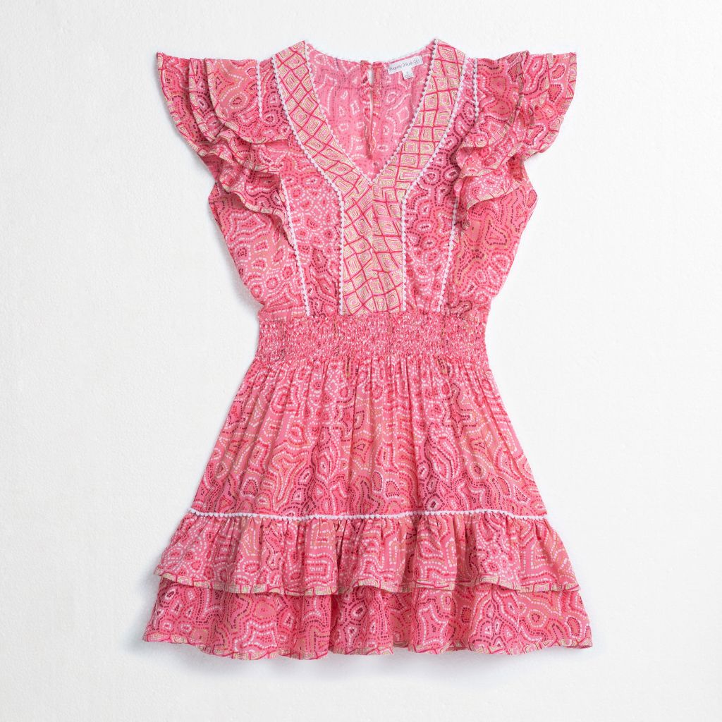 Product shot of the front of the Poupette St Barth Kids Mini Dress Camila in Pink Sea Water Viscose