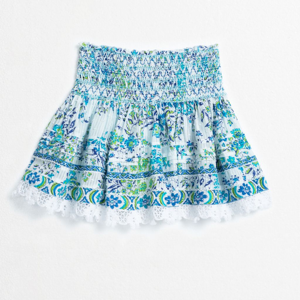 Product shot of the back of the Galia Mini Skirt from Poupette St Barth in Blue Queen Liberty Cotton Stripe print