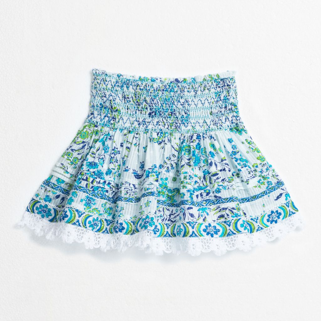 Product shot of the front of the Galia Mini Skirt from Poupette St Barth in Blue Queen Liberty Cotton Stripe print