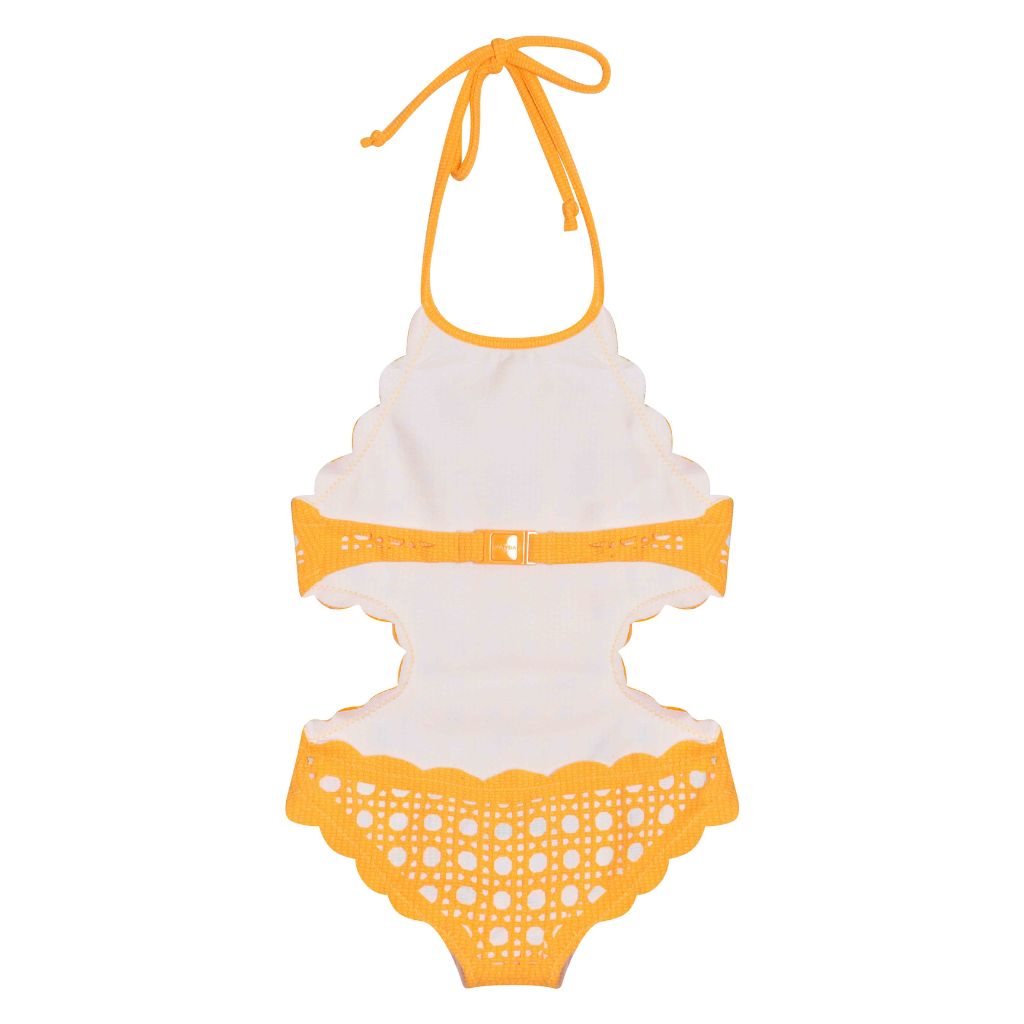 Back product shot of the Marysia Bumby Mott Cutout Maillot Swimsuit in Tangerine Cane