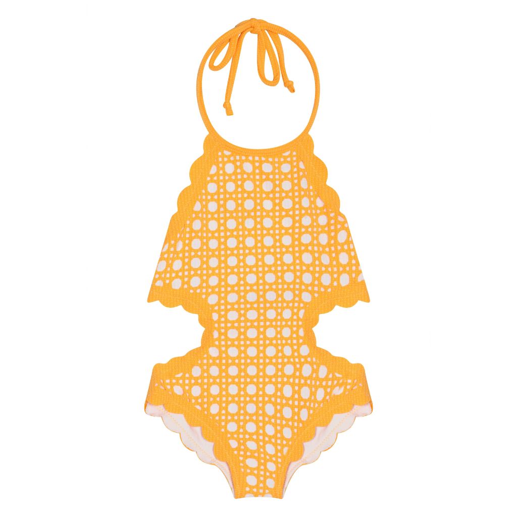 Front product shot of the Marysia Bumby Mott Cutout Maillot Swimsuit in Tangerine Cane