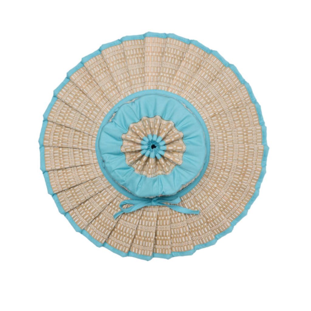 Product shot of a Birdseye view of the Narrabeen Island Capri Child's Sun Hat from Lorna Murray featuring sky blue trimming