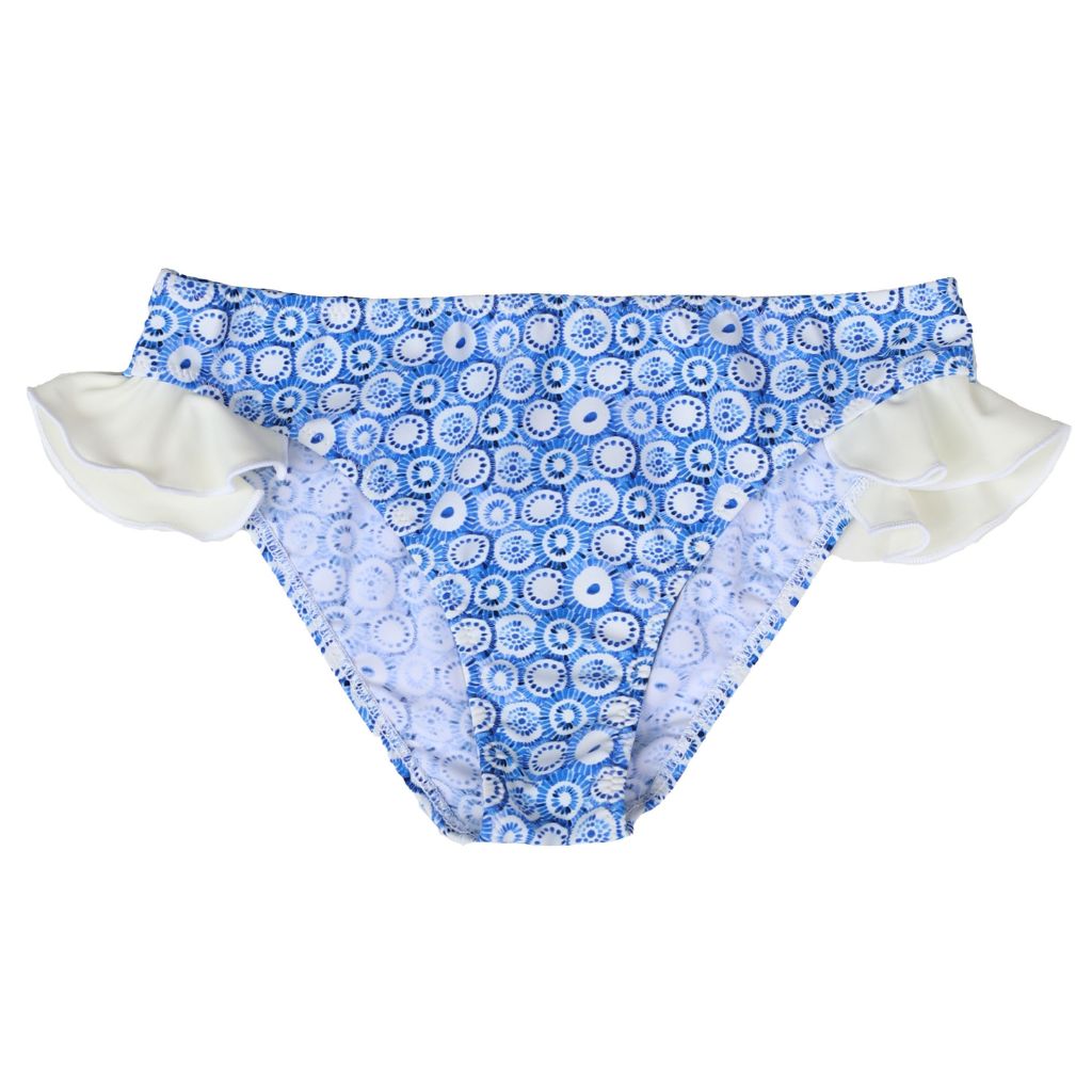 Product view of the front of the Folpetto baby and toddler girl Nora swim pants in dusty blue jellyfish print