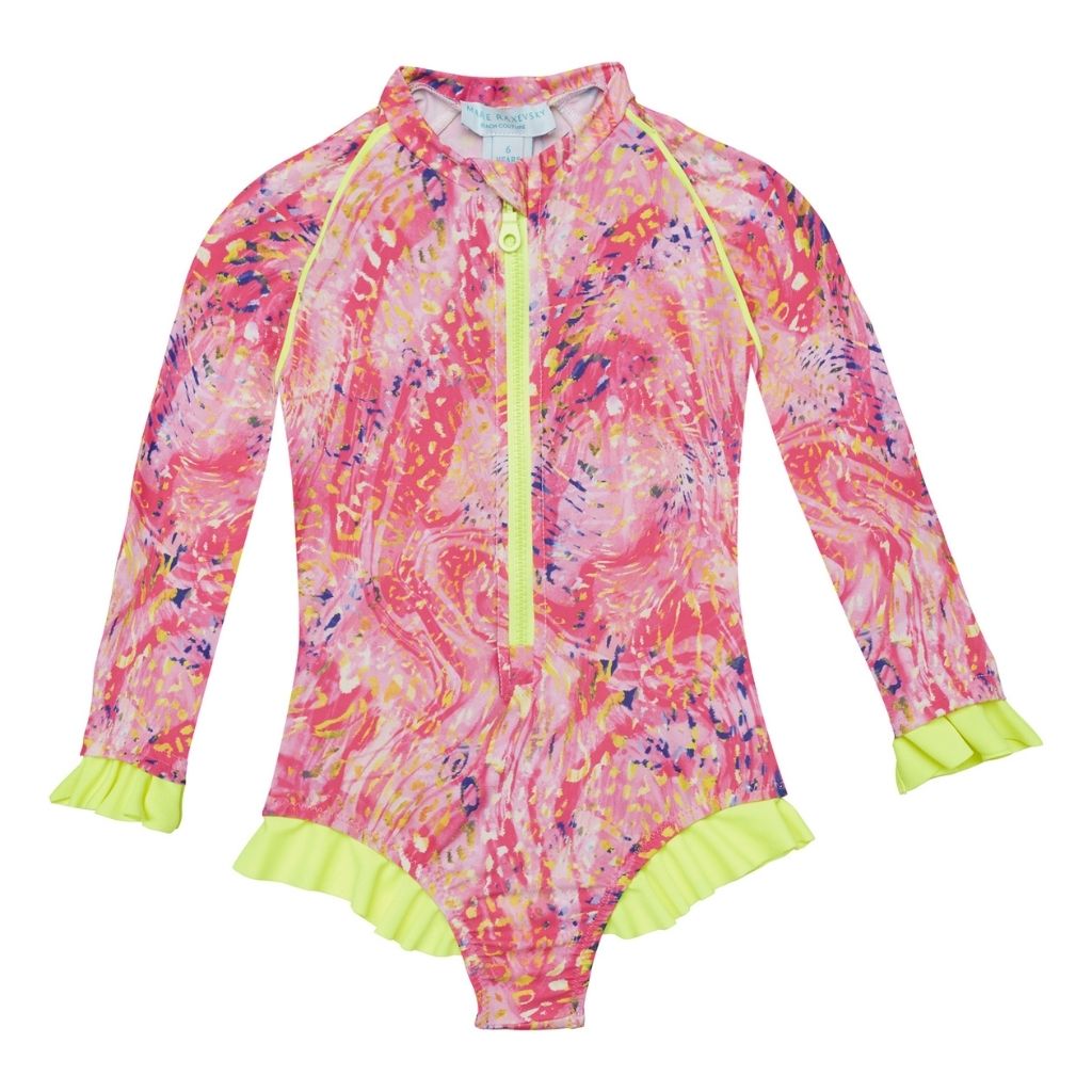 Product shot of the front of the Marie Raxevsky one piece long sleeve ruffles swimsuit in Splash print