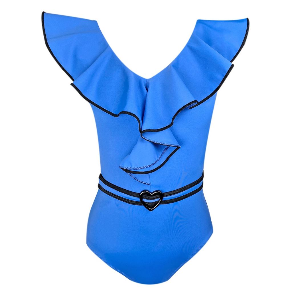 Product shot of the front of the Nessi Byrd Orela blue and black swimsuit