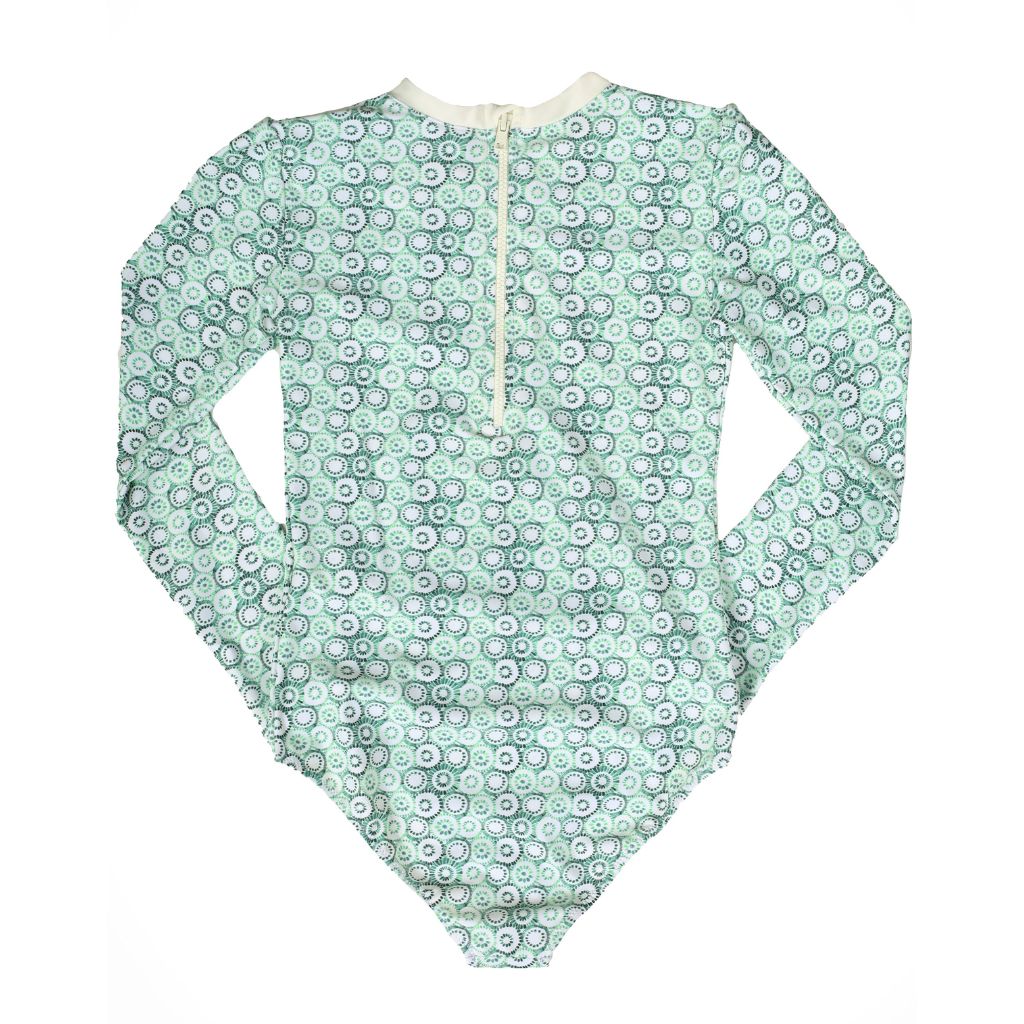 Product view of the back of the Folpetto Rebecca Surf Suit with long sleeves featuring a gorgeous jellyfish print in mint and sage green