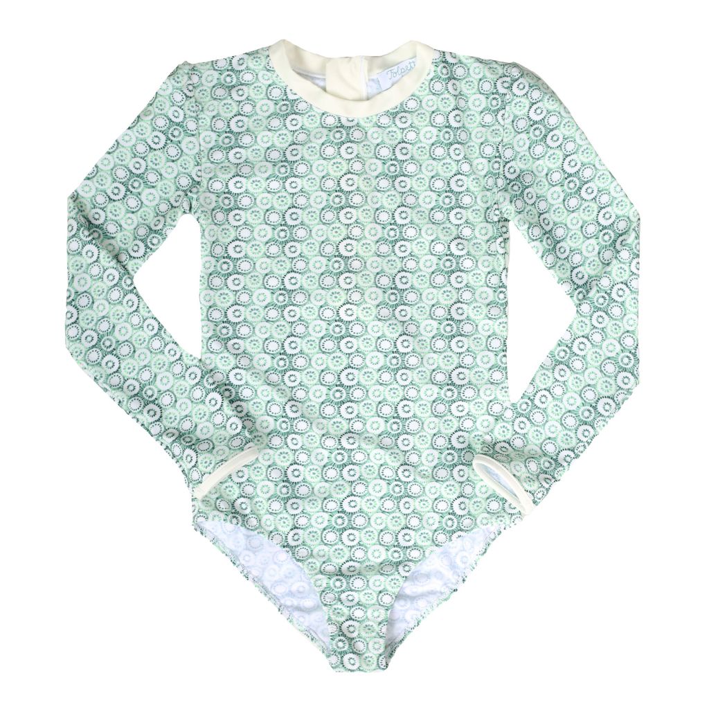 Product view of the front of the Folpetto Rebecca Surf Suit with long sleeves featuring a gorgeous jellyfish print in mint and sage green