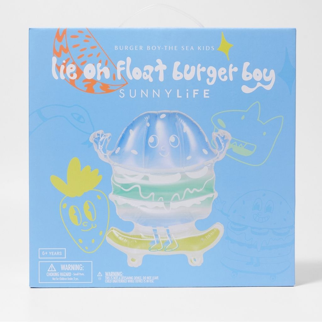 Packaging for the Sunnylife Kids Lie-On Float Burger Boy The Sea Kids in Blue and Lime