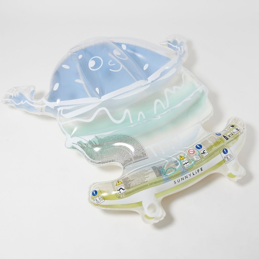 Product shot of the Sunnylife Kids Lie-On Float Burger Boy The Sea Kids in Blue and Lime