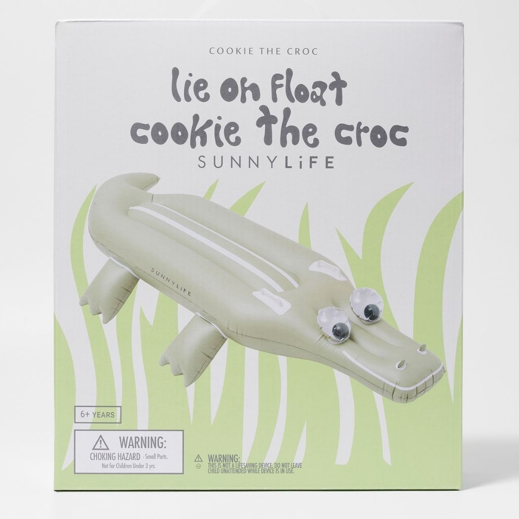 Packaging for the Sunnylife Cookie the Croc lie-on inflatable float in khaki green