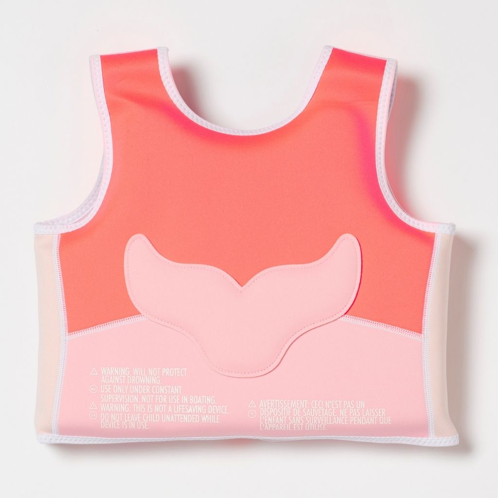 Product shot of the back of the Sunnylife Kids Melody the Mermaid swim vest in neon strawberry