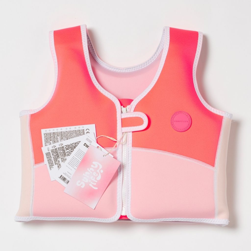 Product shot of the front of the Sunnylife Kids Melody the Mermaid swim vest in neon strawberry