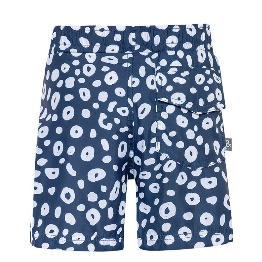 Back product shot of the Pepita & Me boys swim shorts in Selena Skin Deep Blue pattern from the Tornasol Collection