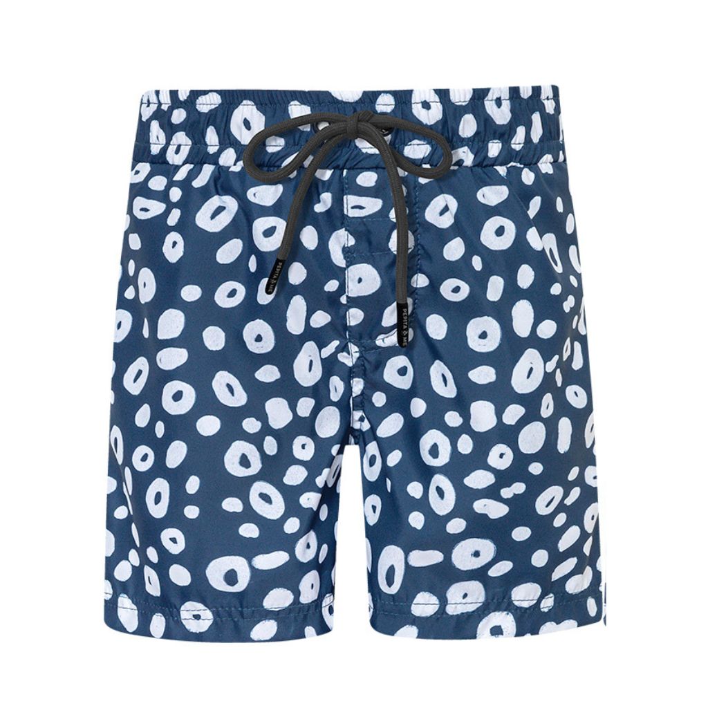 Front product shot of the Pepita & Me boys swim shorts in Selena Skin Deep Blue pattern from the Tornasol Collection