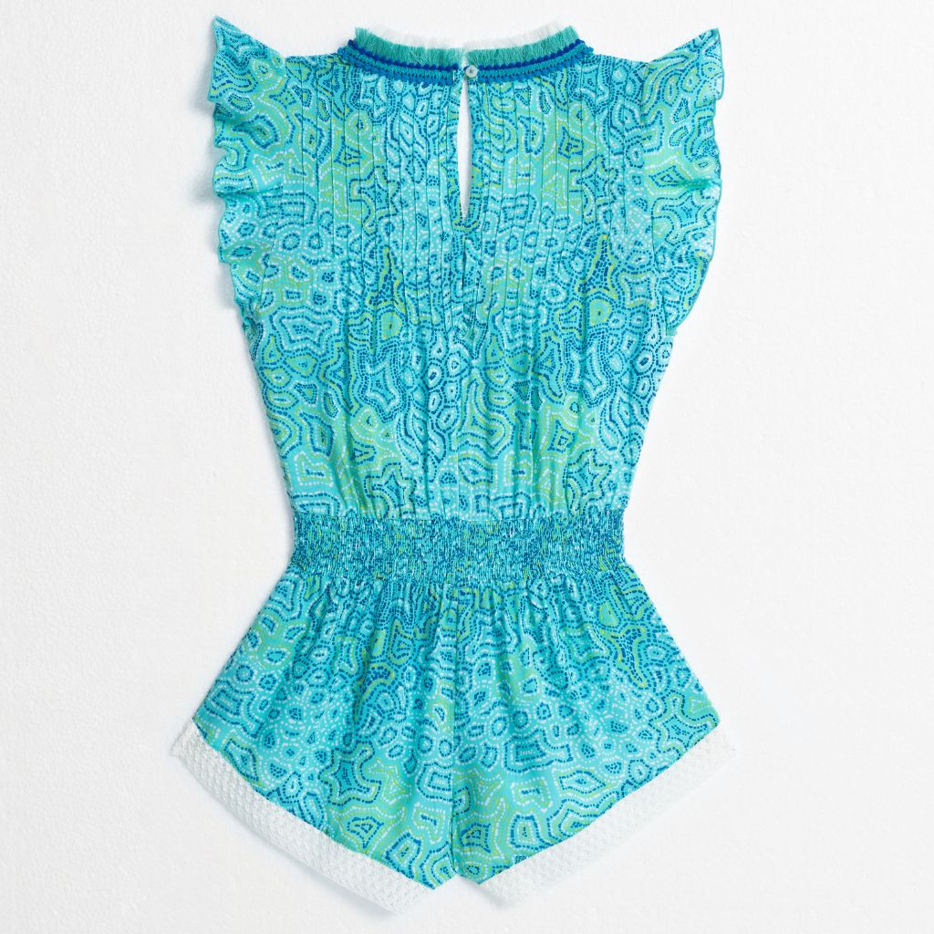 Product shot of the back of the Sasha Short Jumpsuit from Poupette St Barth Kids in Aqua Sea Water print