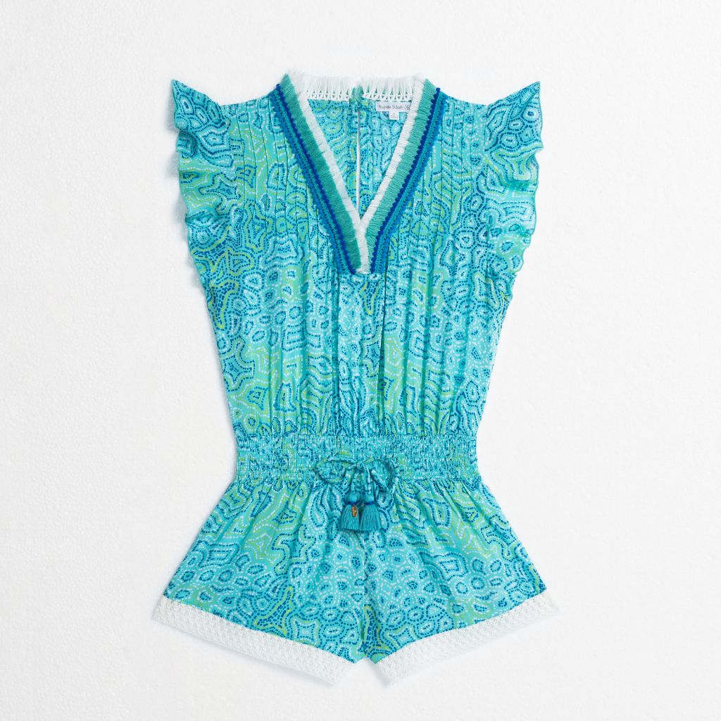 Product shot of the front of the Sasha Short Jumpsuit from Poupette St Barth Kids in Aqua Sea Water print