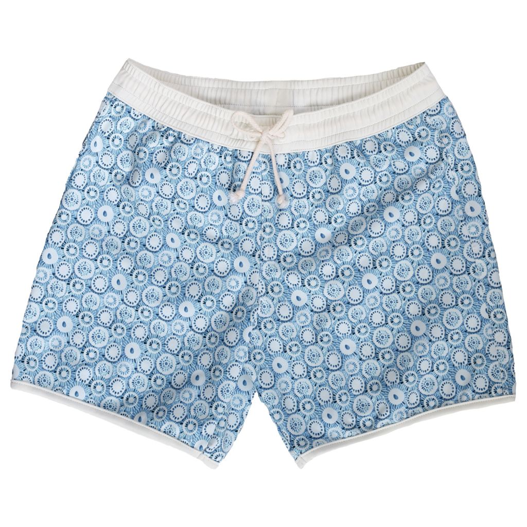 Product shot of the front of the Folpetto Tommaso swim shorts in dusty blue jellyfish print