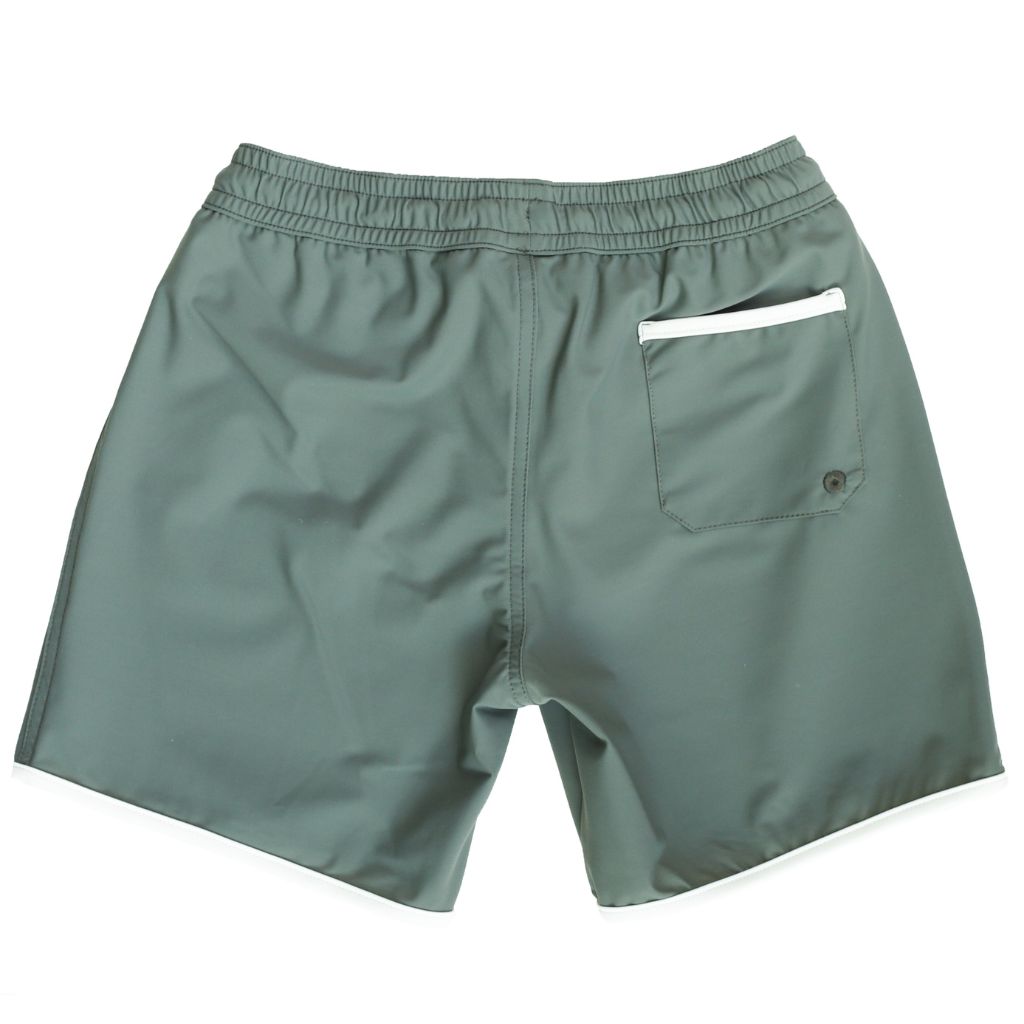 Product shot of the back of the Folpetto Tommaso swim shorts in sage green and ivory