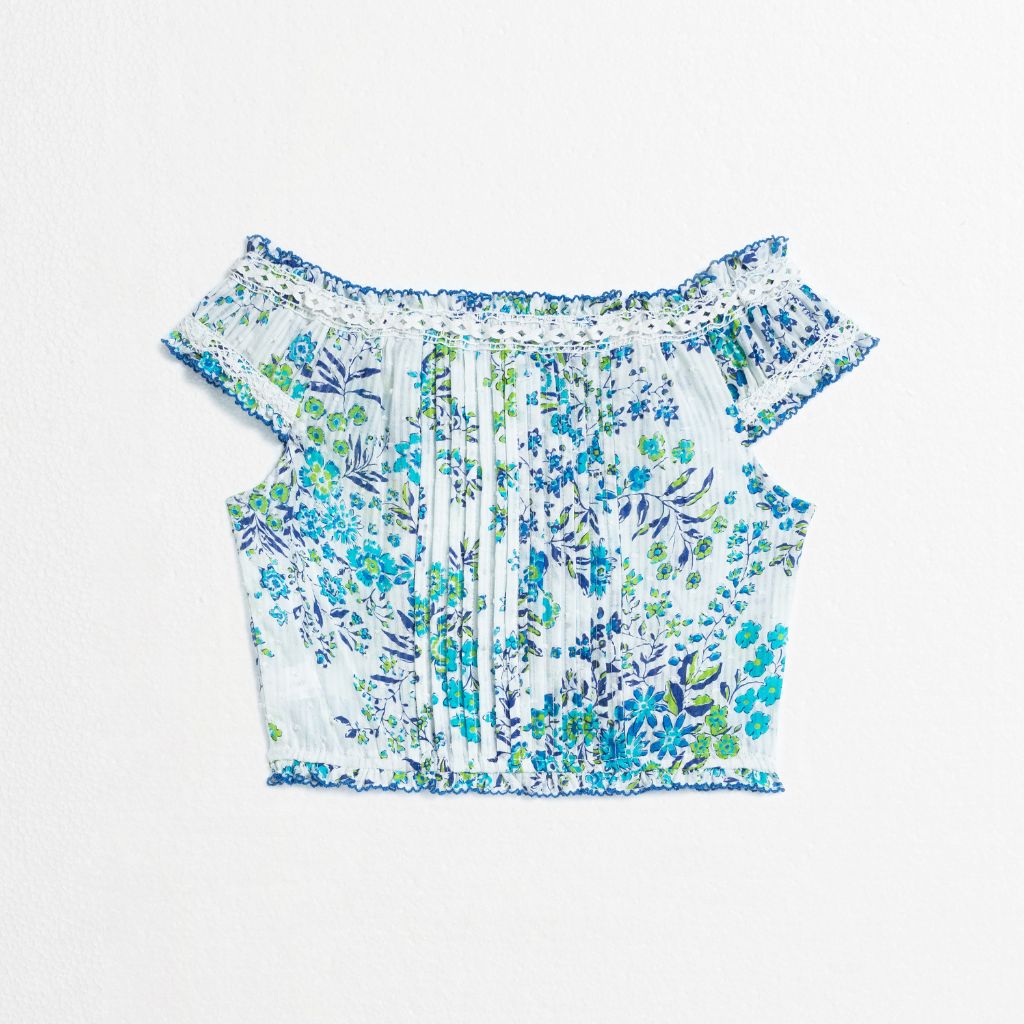 Product shot of the back of the Alba Top from Poupette St Barth Kids in Blue Queen Liberty Cotton Stripe print