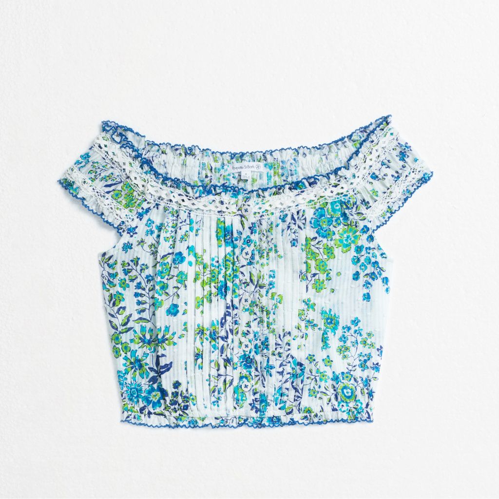 Product shot of the front of the Alba Top from Poupette St Barth Kids in Blue Queen Liberty Cotton Stripe print