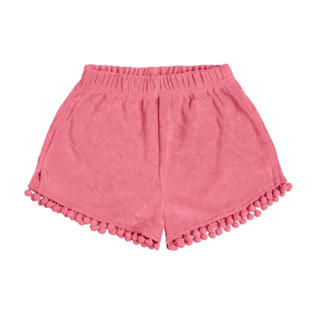 Product shot of the front of the Marie Raxevsky towelling shorts in fuchsia