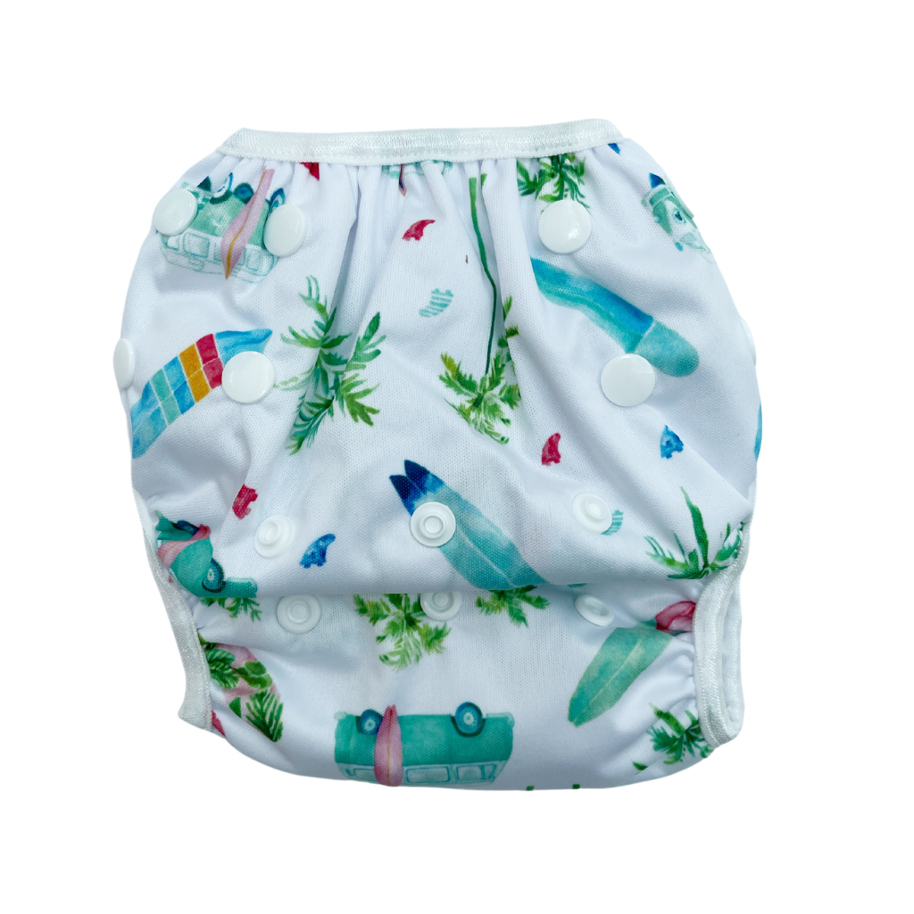 Back of Anchor & Arrow Chasing Waves print unisex reusable swim nappy