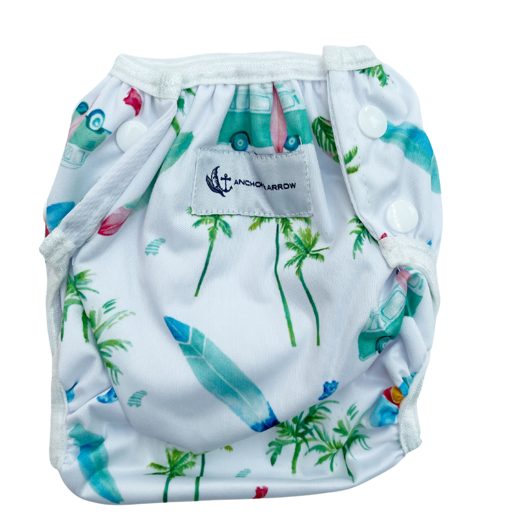 Front of Anchor & Arrow Chasing Waves print unisex reusable swim nappy