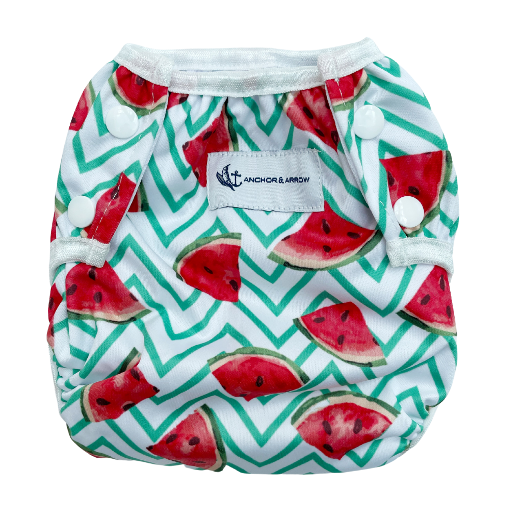 Front of Anchor & Arrow Frolicking Watermelons print unisex reusable swim nappy