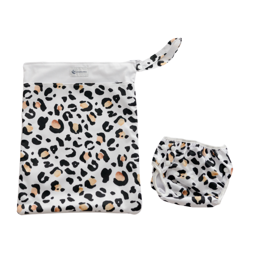 Anchor & Arrow Leopard print unisex reusable wet bag and swim nappy