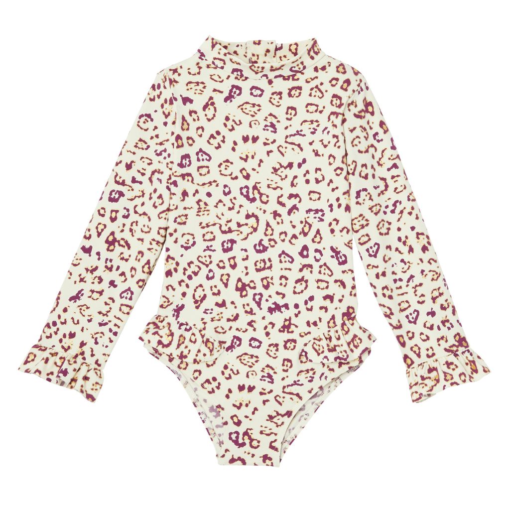 Product shot of the Lison Paris Savanna Surfer leopard print long sleeve swimsuit