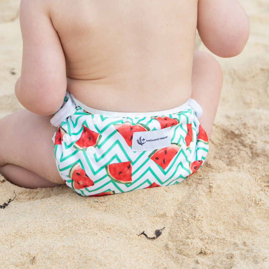 Little bottom in Anchor & Arrow Frolicking Watermelons print unisex reusable swim nappy