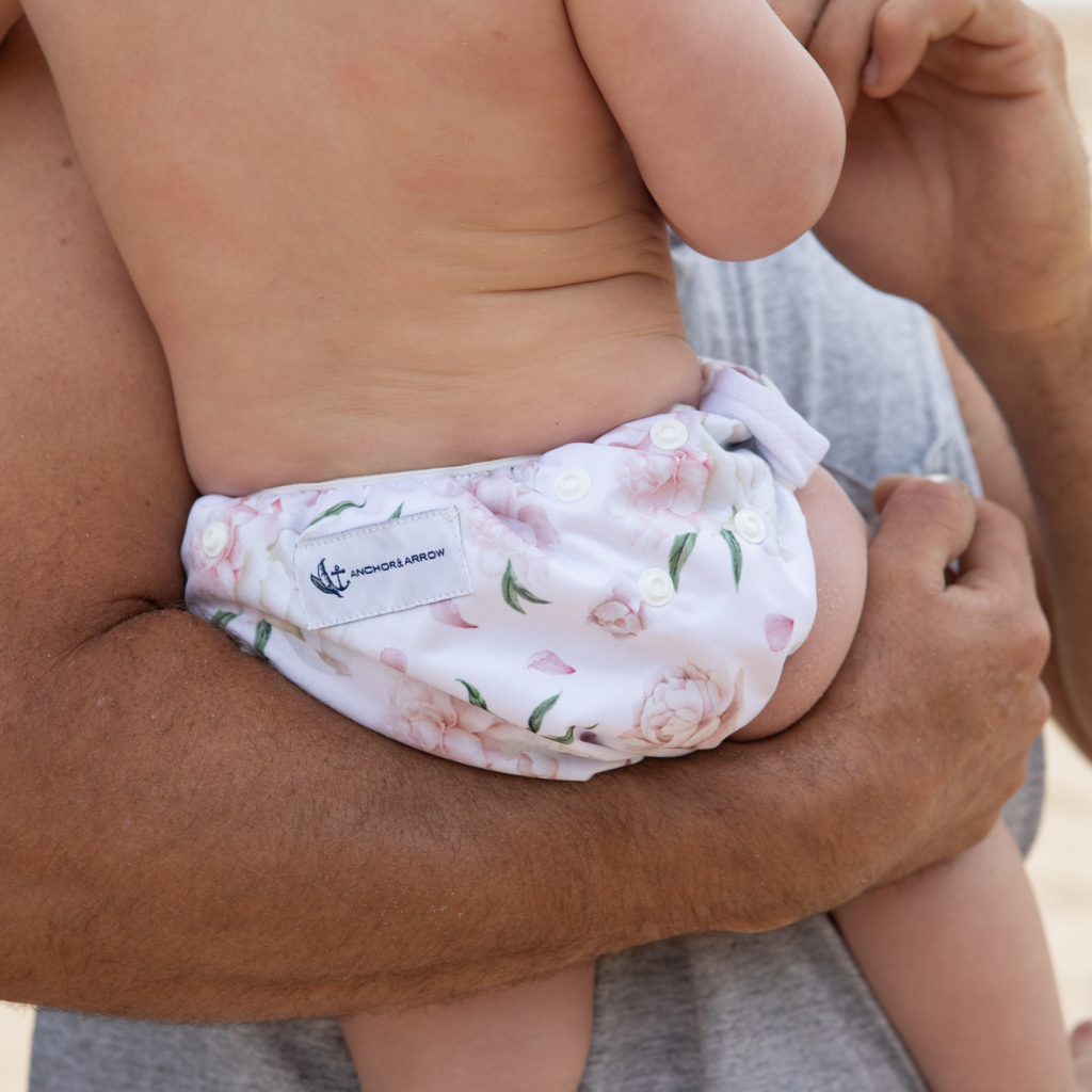 Back of Anchor & Arrow Pretty Peony print unisex reusable swim nappy