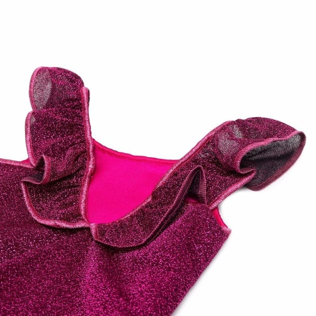 Back view of Oseree Kids Osemini Lumiere metallic baby girl ruffle swimsuit in fuchsia pink