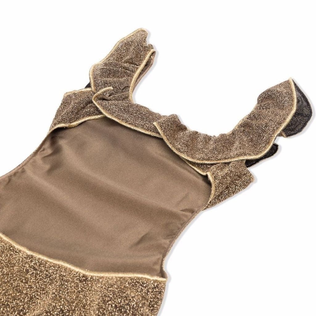 Close up of back detail on Oseree Kids girl's lumiere ruffle swimsuit in metallic gold sand