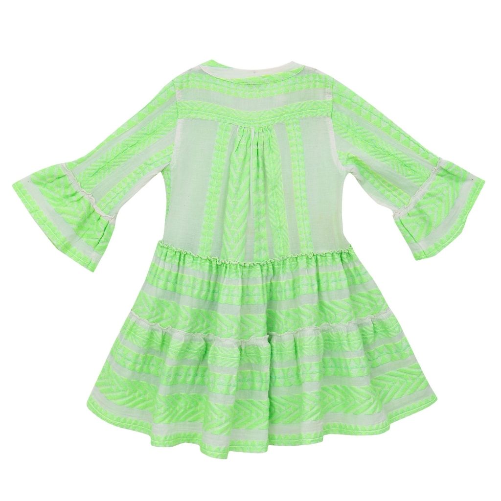 Back of the Ella Mini dress in neon green from the children's line of Greek brand, Devotion Twins  Edit alt text
