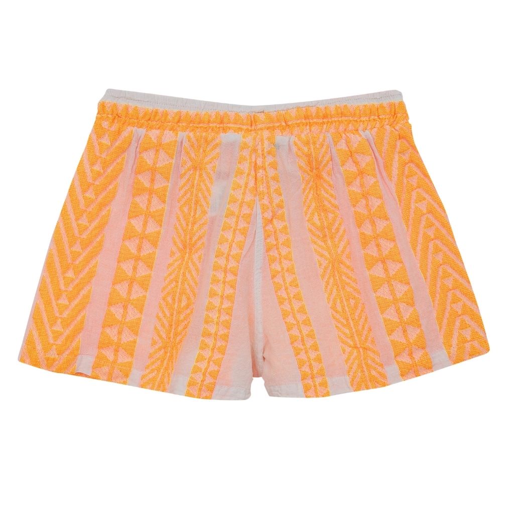 Back of the Kelly shorts in neon orange from the children's line of Greek brand, Devotion Twins 