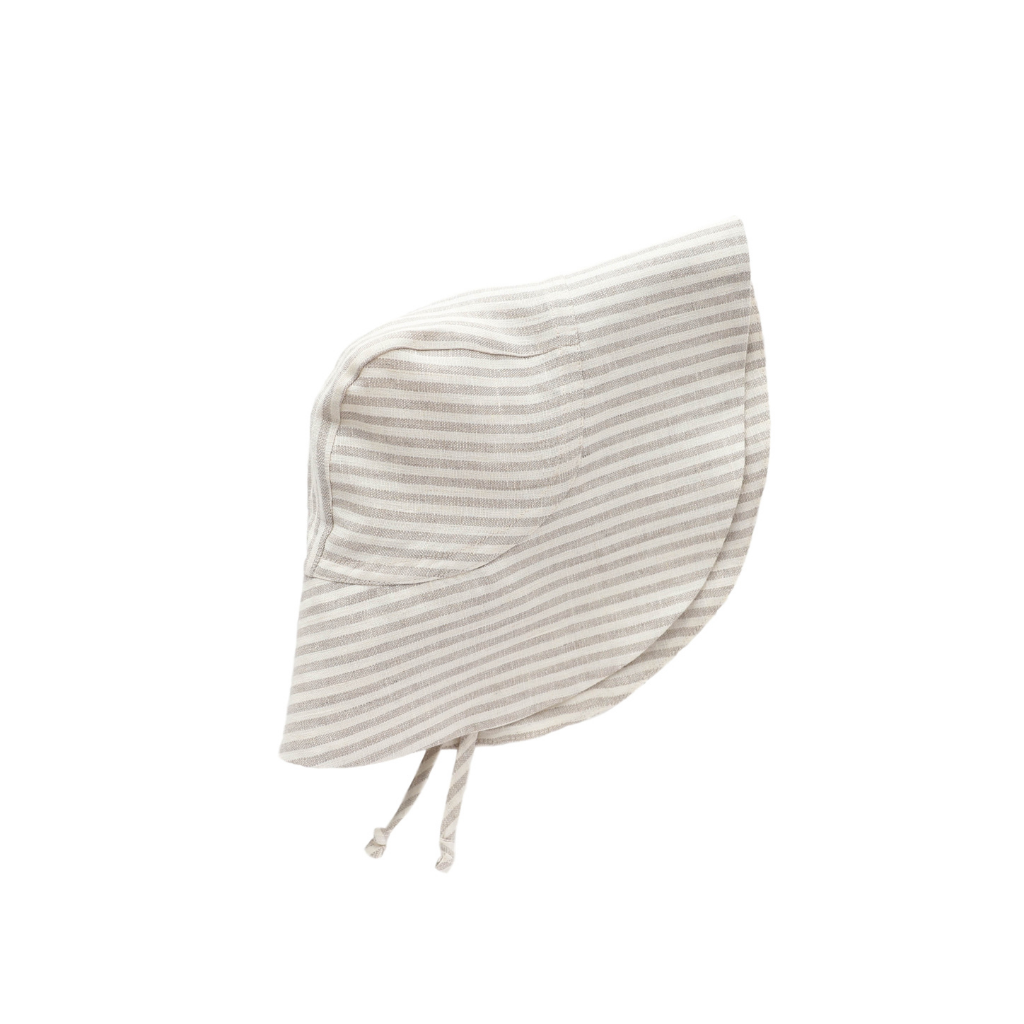 Product shot of Briar Baby sun hat in beige and grey Harbor Stripe