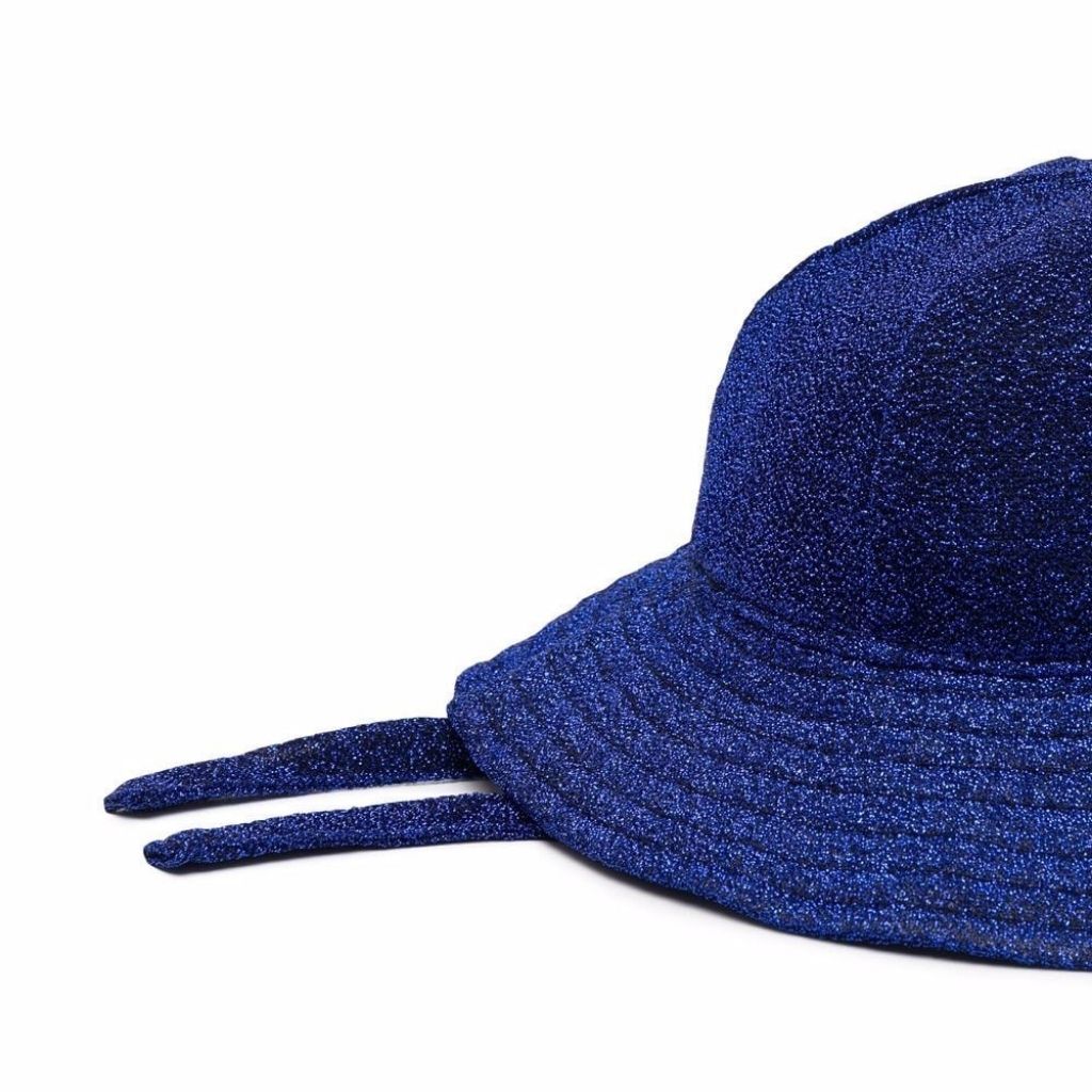 Close up of Oseree Kids Osemini glitter sun hat in blue metallic thread for baby girls
